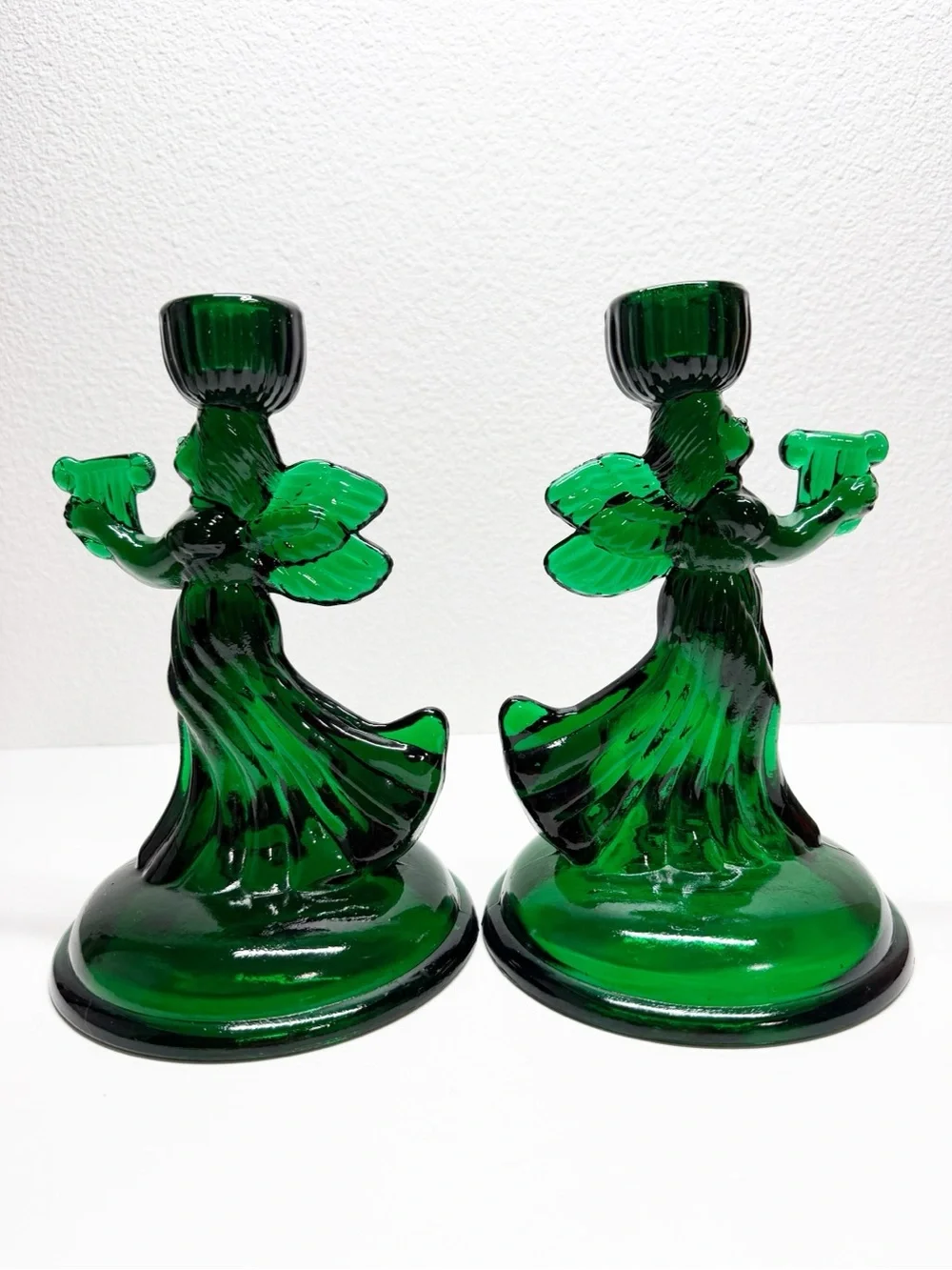 Vintage Emerald Green Glass Angel Taper Candle Holders